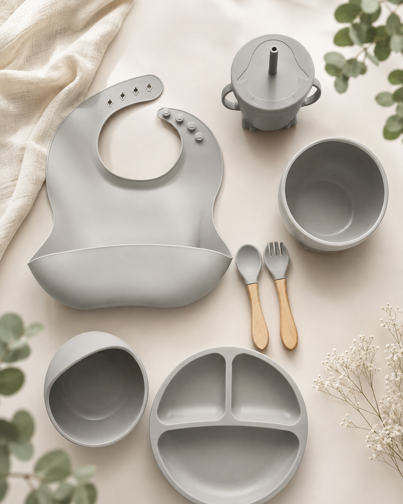 Baby Feeding Set Silicone BPA Free 100% Food grade - Pebble Grey