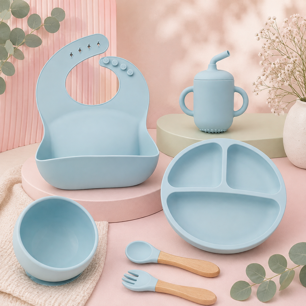 Baby Feeding Set Silicone BPA Free 100% Food grade -Playful light blue