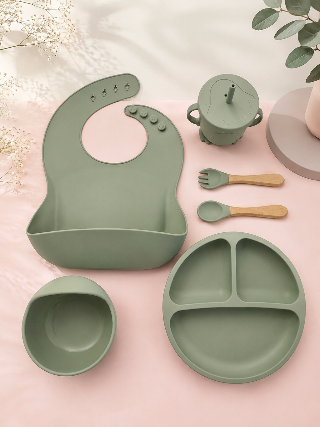 Baby Feeding Set Silicone BPA Free 100% Food grade - Sage Green