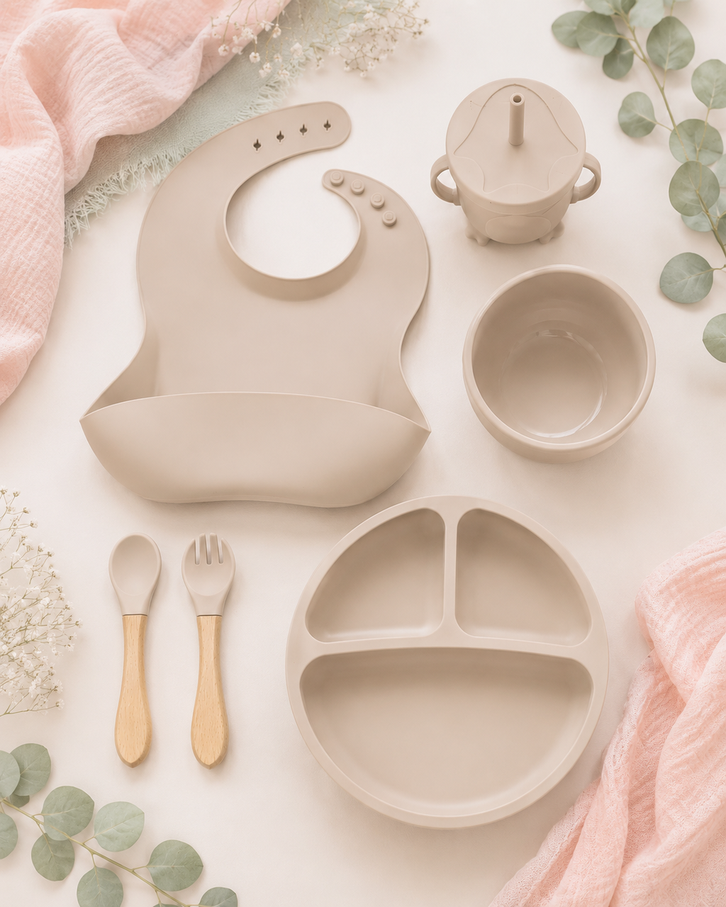 Baby Feeding Set Silicone BPA Free 100% Food grade - Sandy Beige
