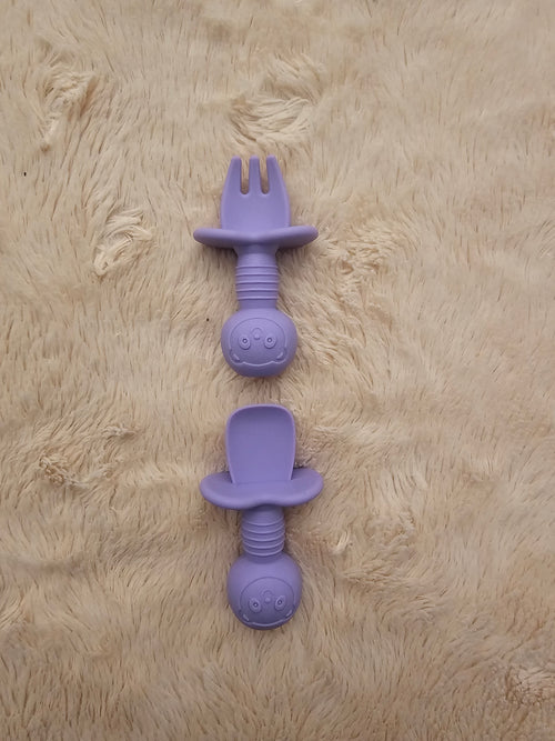Baby Silicone Self-Feeding Spoon & Fork Set with Choke Guard - Amethyst Purple