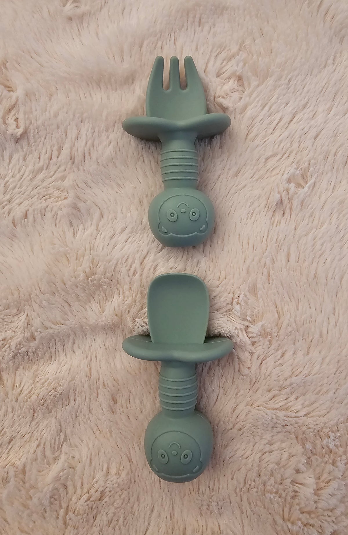 Baby Silicone Self-Feeding Spoon & Fork Set with Choke Guard - Sage Green